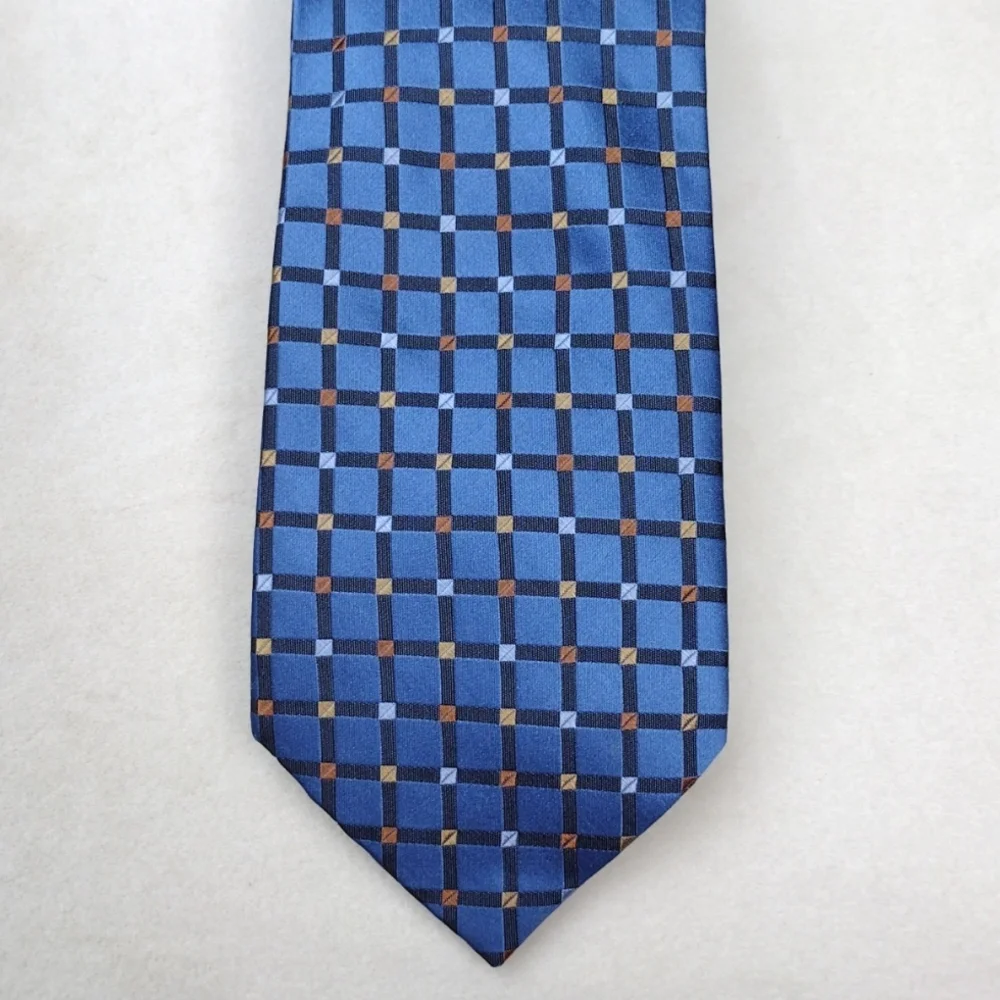 Silk Claiborne Blue, Gold, and Copper Square Geometric Tie EUC
